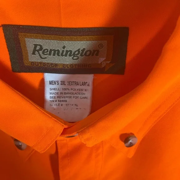 Remington Bright Orange Button-Up Shirt 2XXL Visibility Hunting Safety Shirt. - Picture 7 of 8